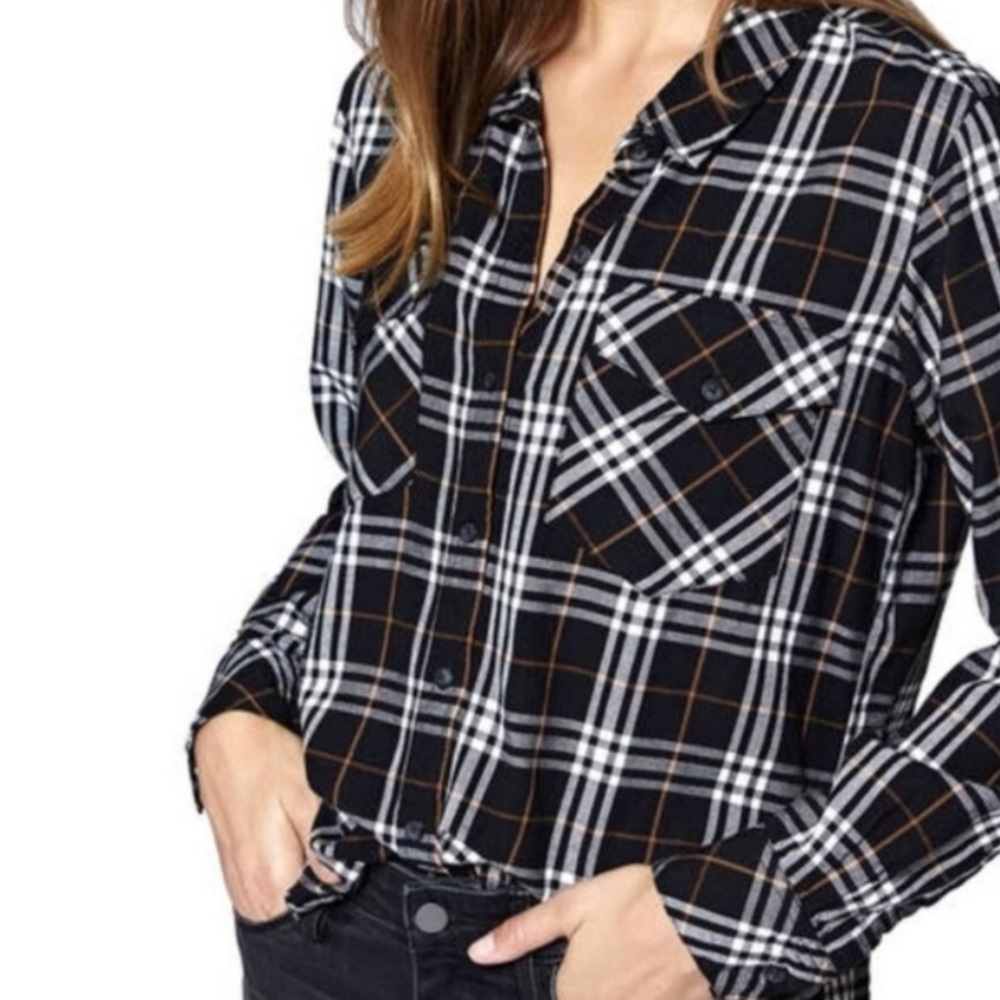 Sanctuary Black and White Soft Plaid button down Shirt with two pockets Large